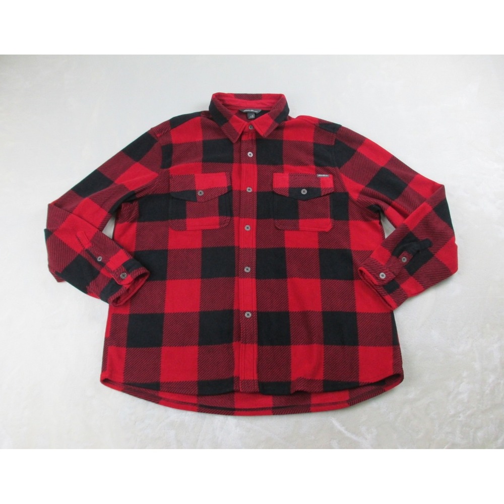 Eddie Bauer Shirt Mens 2XL XXL Red Plaid Flannel Camping Shacket Button Up‎